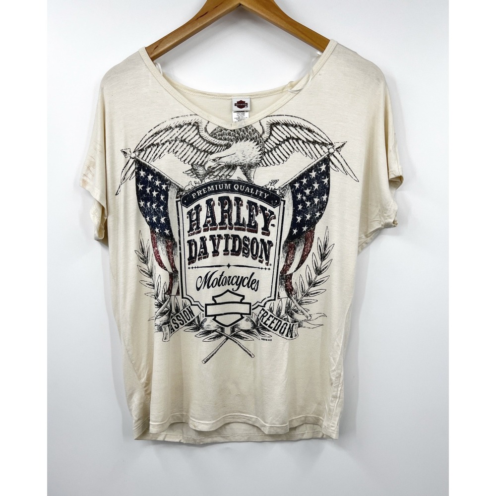 Harley-Davidson Womens Cream Graphic Eagle Flag T-Shirt‎ Medium Laurel MD 7237